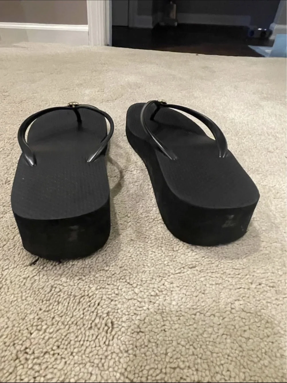 Tory Burch platform Black Flip Flops with Gold Logo Medallions